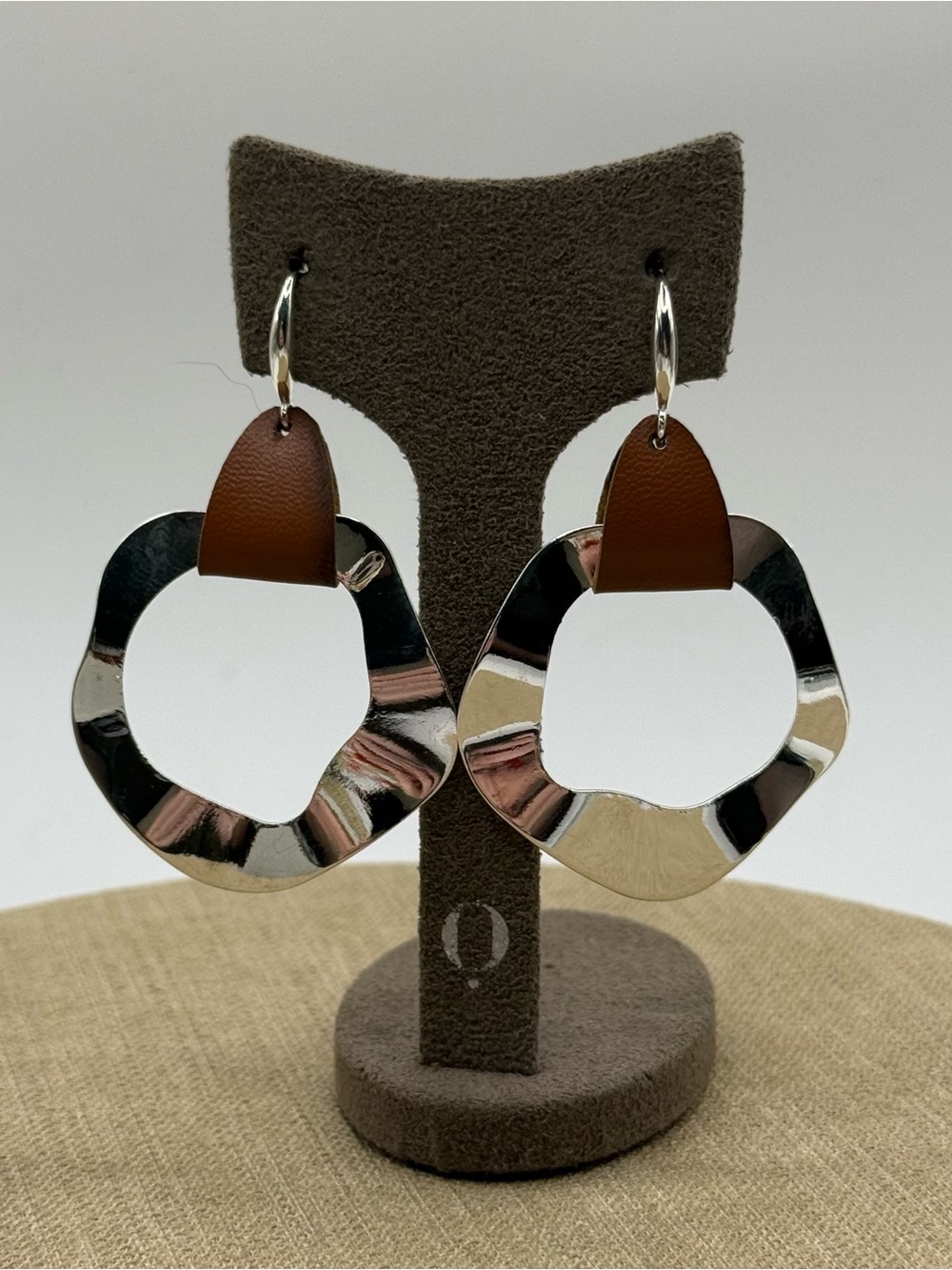 Brown Leather & Silver Hoop Drop Earrings